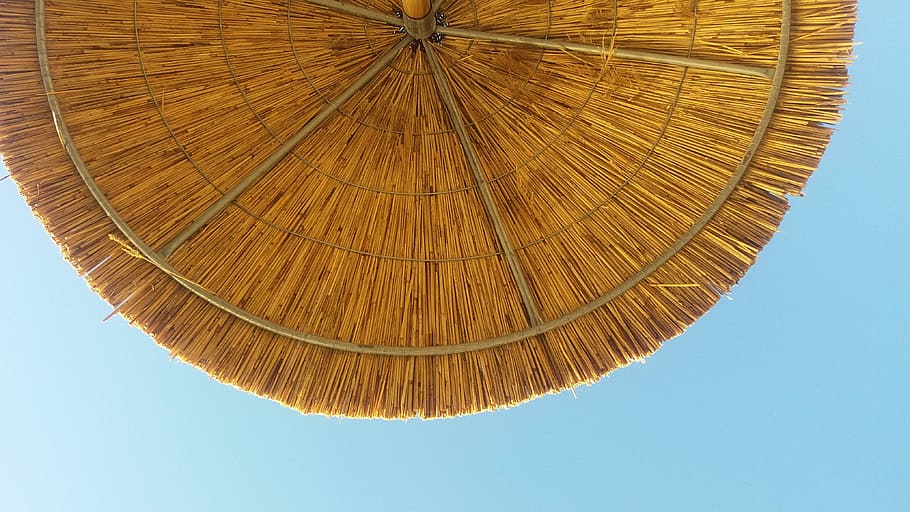 worm's-eye of view nipa umbrella, sky, orange, straw, woven HD wallpaper