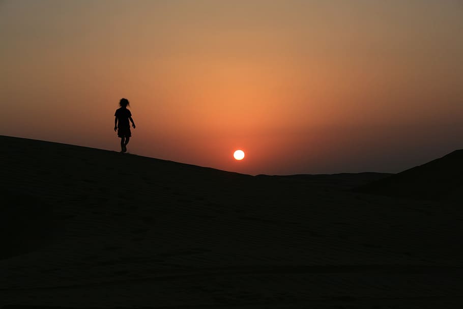 silhouette of person during sunset, Oman, Desert, abendstimmung, HD wallpaper