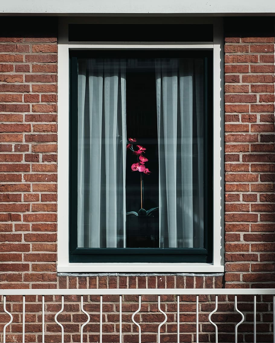 gray curtain open, glass window with gray curtains, brick, wall HD wallpaper