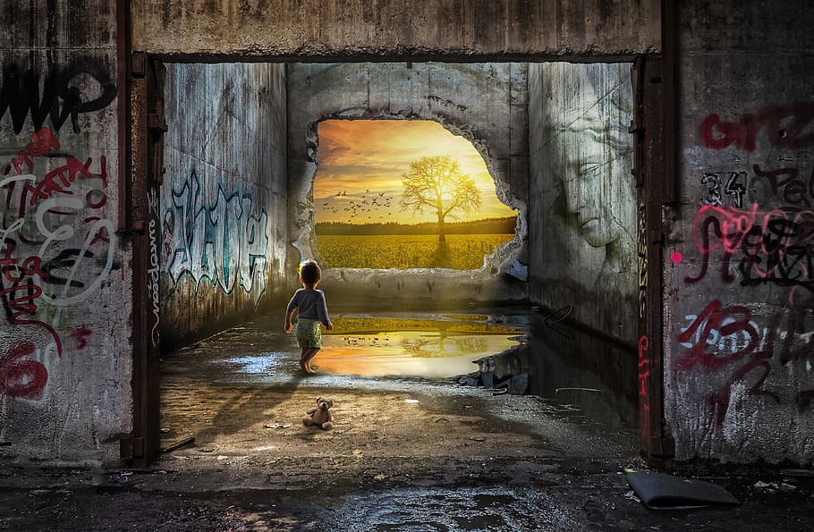illustration of boy standing in abandoned building, architecture