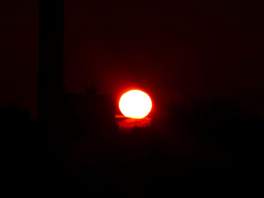 sun, fireball, sunset, solar disk, schapfe mill, grain silo, HD wallpaper
