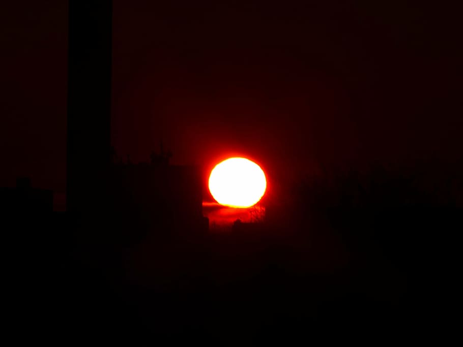 sun, fireball, sunset, solar disk, schapfe mill, grain silo HD wallpaper