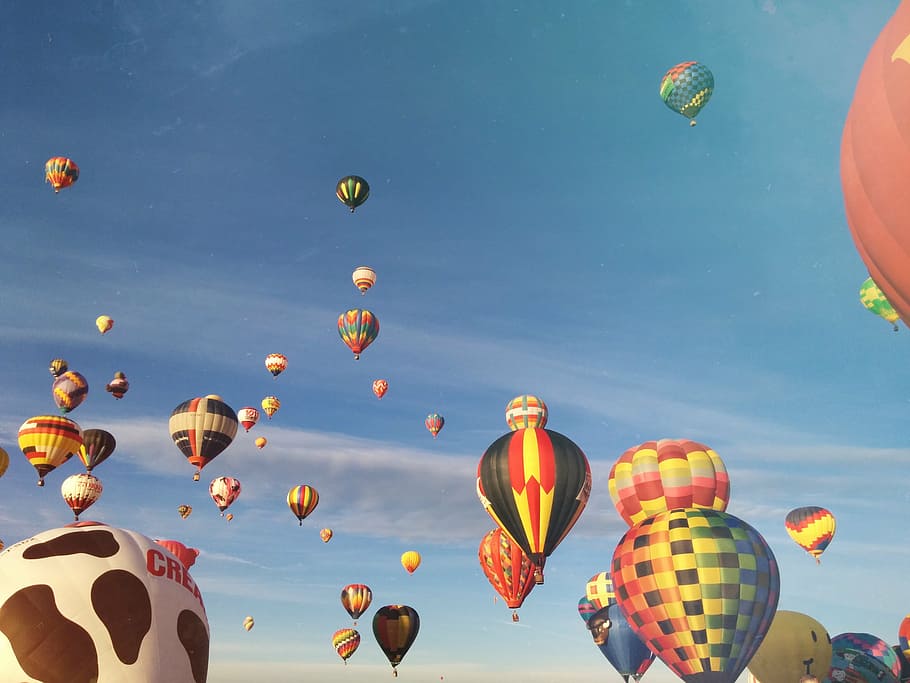 hot air balloons on sky during daytime, blue, sunshine, summer, HD wallpaper