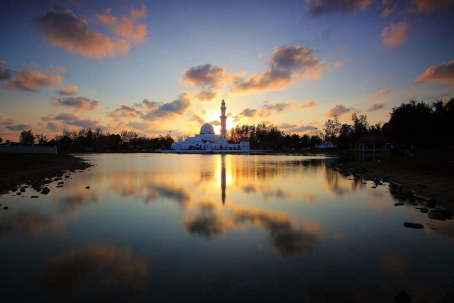 tower, building, water, reflection, dark, sunset, clouds, sky HD wallpaper