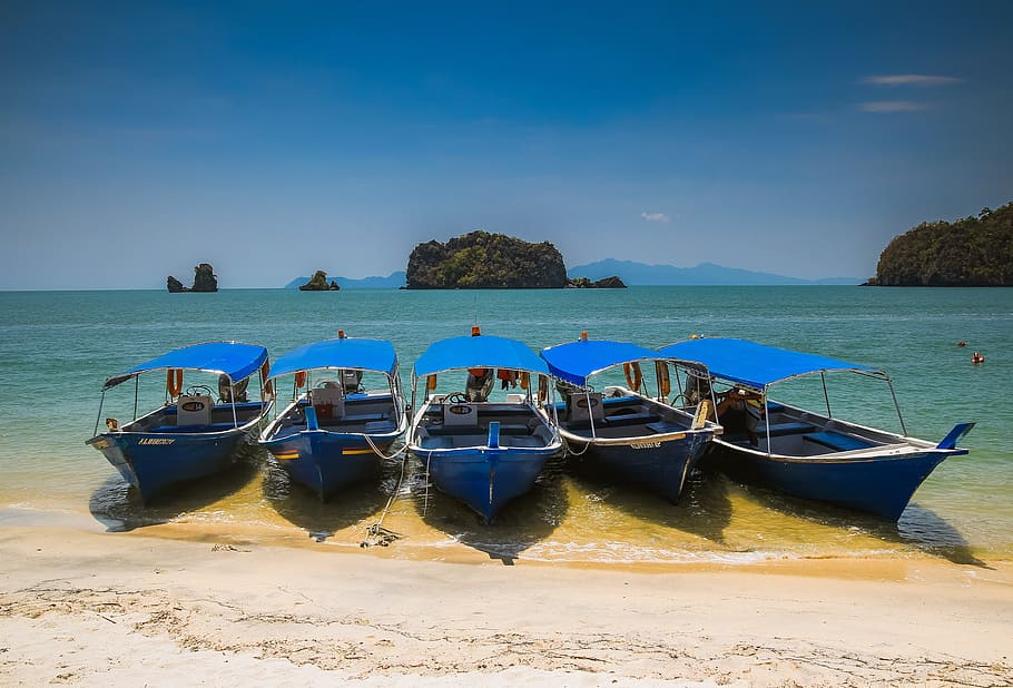five blue motorboats at shore, sea, travel, ship, sail, vacation HD wallpaper