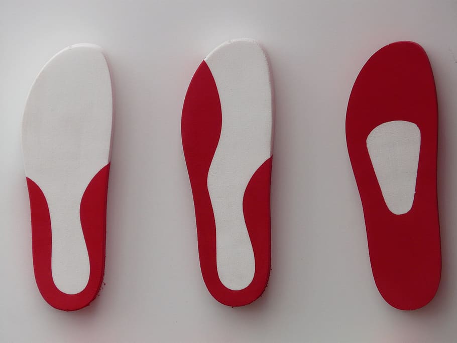 three white-and-red shoe soles on white surface, Running Shoes, HD wallpaper