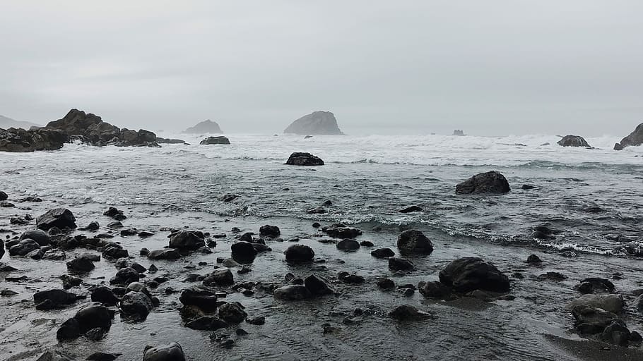 grayscale photo of body water, rocks, sea, shore, stones, waves, HD wallpaper