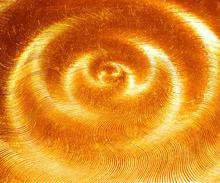 gold-colored surface, symbol, light, rays, wave, sound, spiral, HD wallpaper