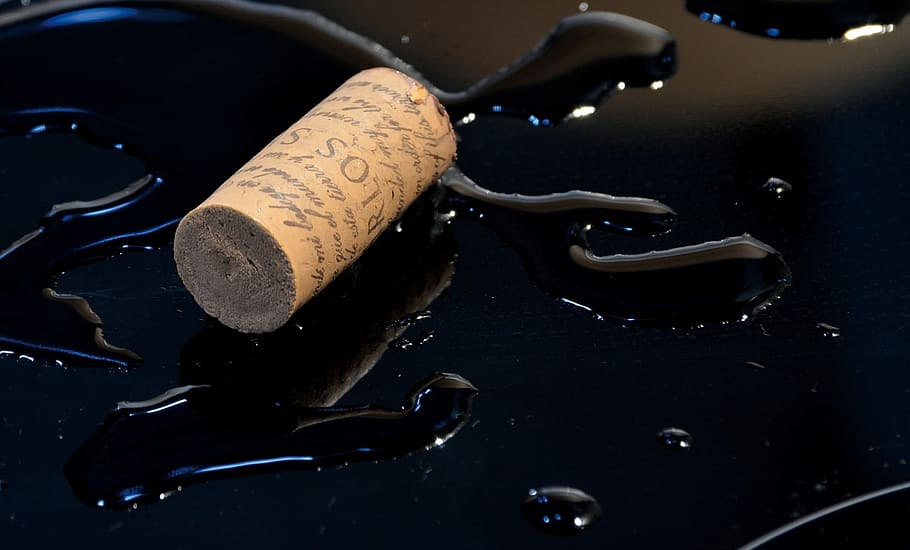 brown cork stopper on black surface, Wine, Puddle, Alcohol, drink
