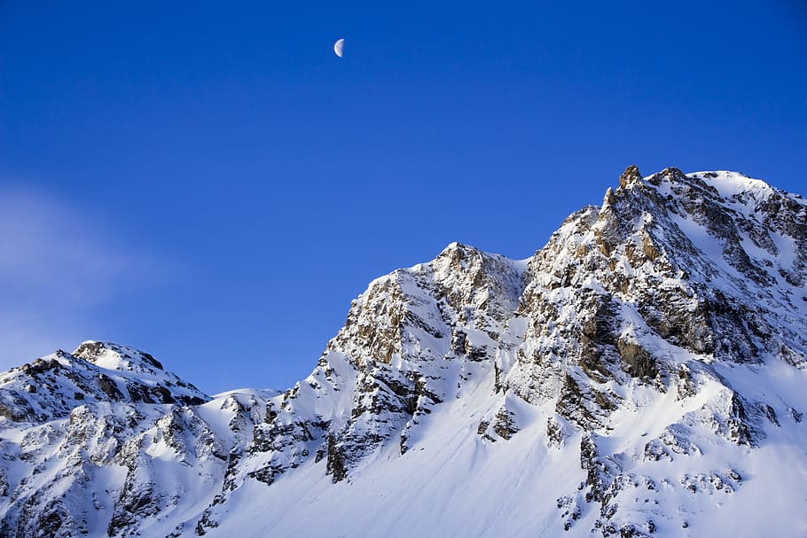 mountain cover with snow, half moon showing on top of snowy mountains, HD wallpaper