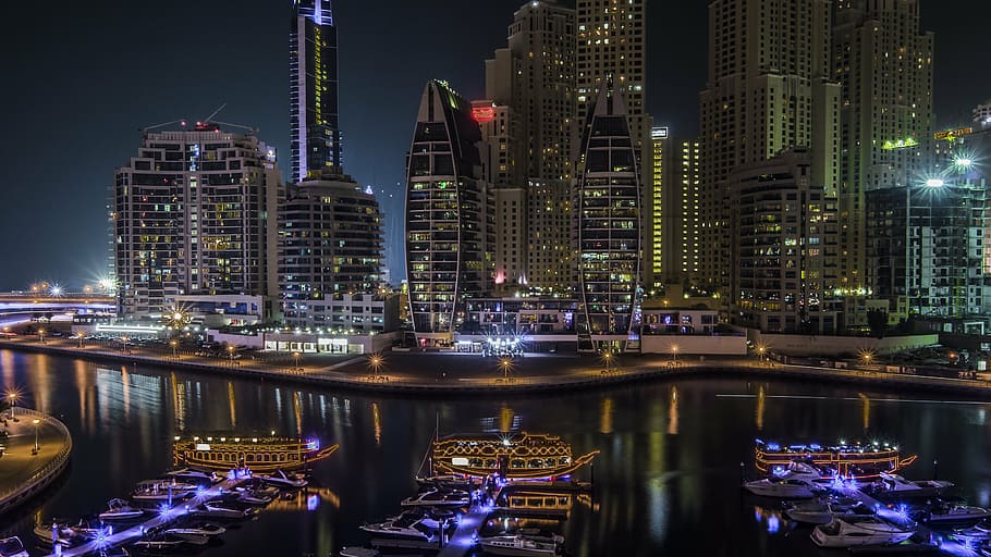 city escape during nighttime view, dubai, marina, arab, united