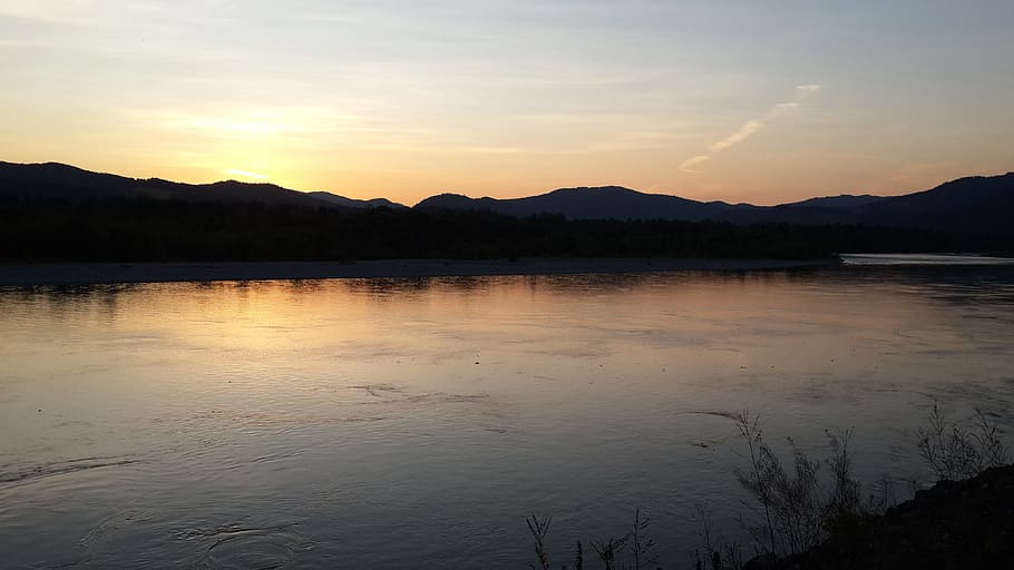 river, sunset, evening, silence, reflection, water, mountain HD wallpaper