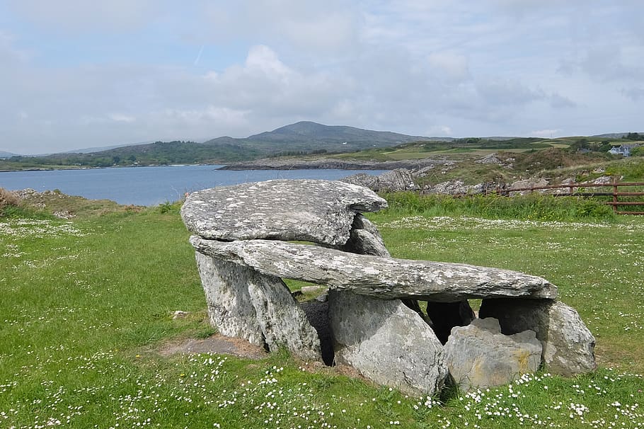 ireland, cork, dolmen, stone, tomb, grass, tranquility, sky