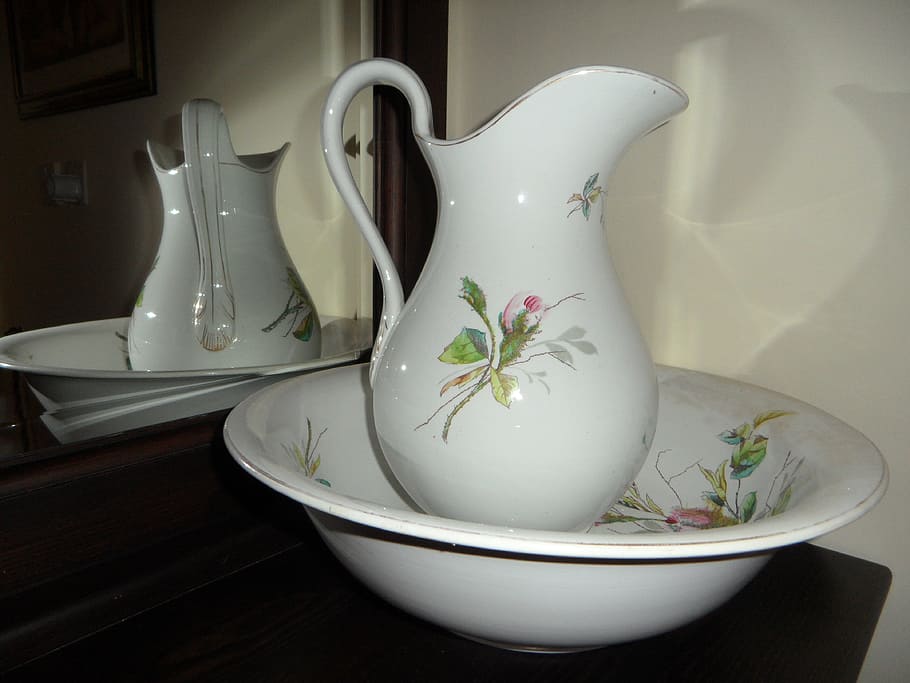 white ceramic wash bowl and pitcher, pot, nostalgia, nostalgic, HD wallpaper