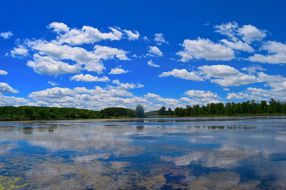 Lake, Clouds, Sky, Blue, Nature, landscape, sun, outdoor, natural, HD wallpaper