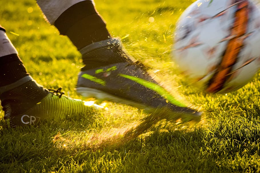 soccer player kicks ball, Football, Shoes, Grass, Sports, shots