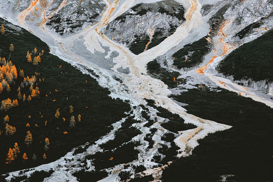 aerial photography of mountains covered with snow, snow river on mountain HD wallpaper