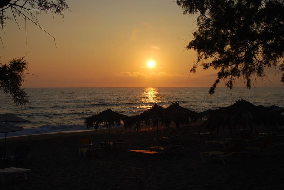 Sunset, Beach, Sea, Back Light, evening sky, crete, kalamati HD wallpaper