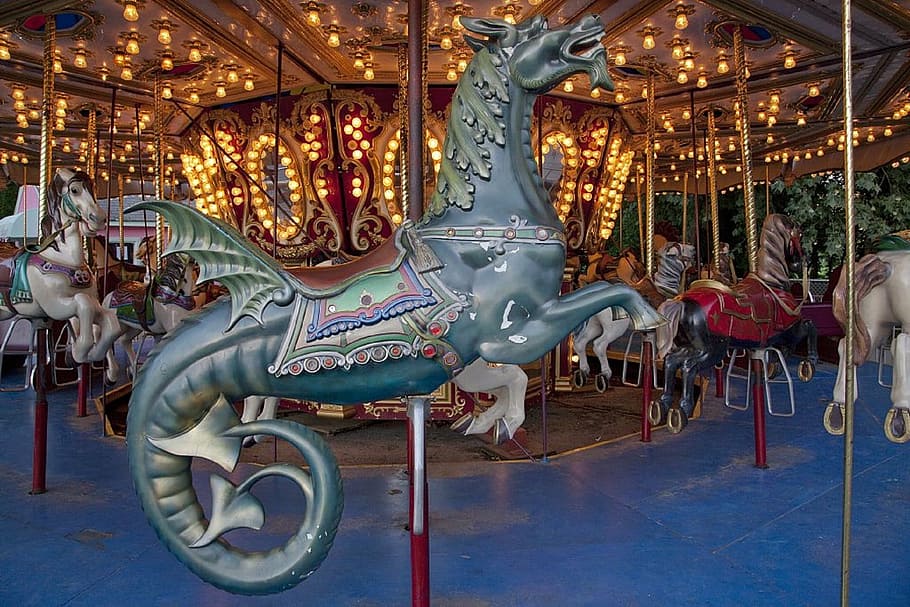 closeup photo of seahorse carousel, dragon, wooden, retro, nostalgic HD wallpaper