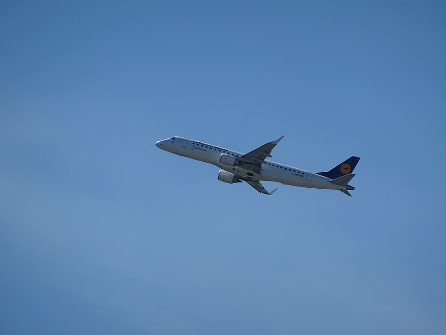 aircraft, lufthansa, sky, blue, start, departure, wing, detail HD wallpaper