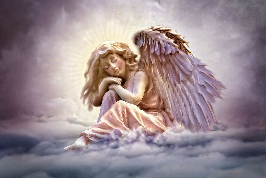 angel with clouds, sky, violet, wing, romantic, contemplative HD wallpaper