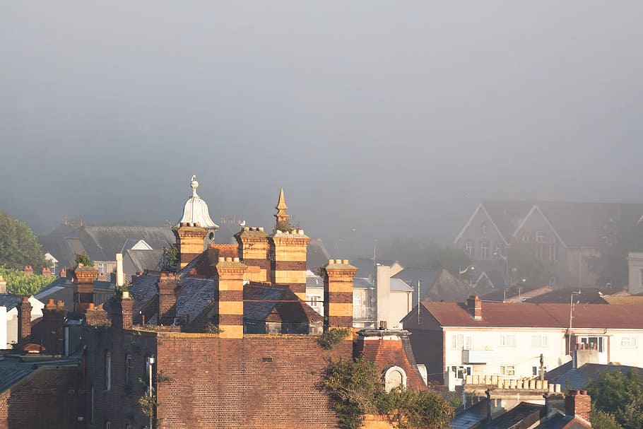 tower, fireplace, architecture, building, city, fog, homes HD wallpaper