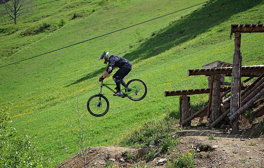 bike, human, person, sport, bike park, obstacle, jump, action