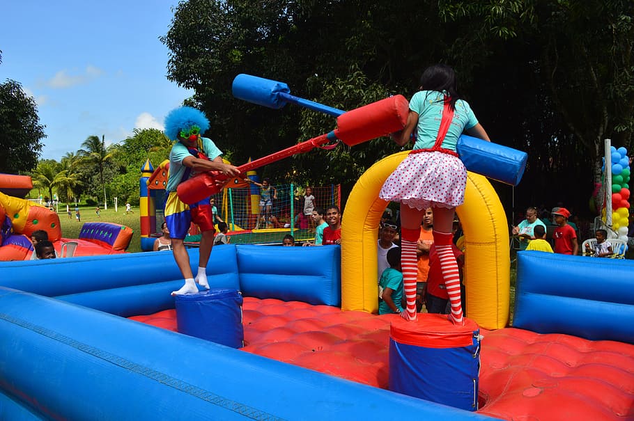 children playing, clown, fun, plant, group of people, nature HD wallpaper