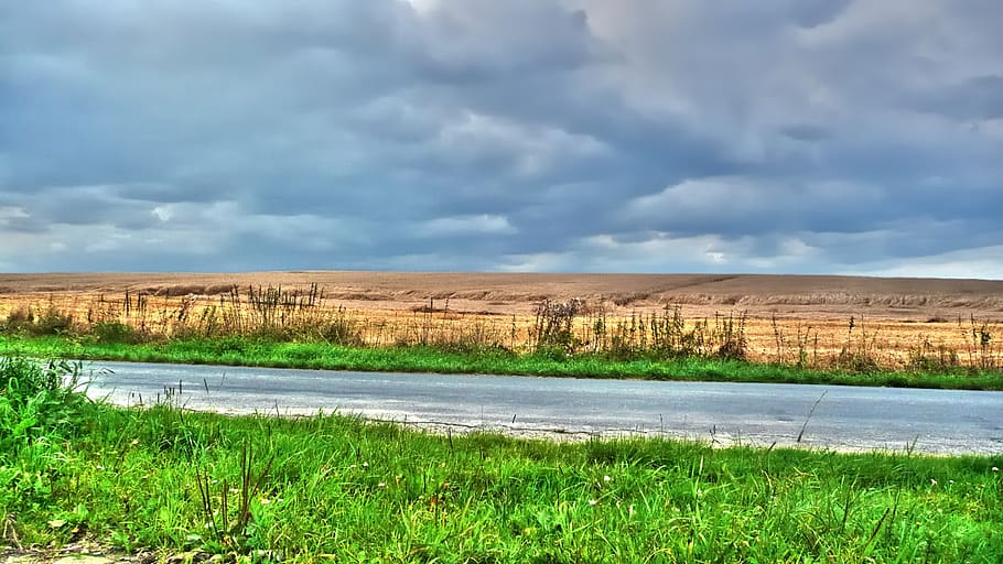 landscape, fields, harvesting, sky, clouds, blue, path, grain HD wallpaper