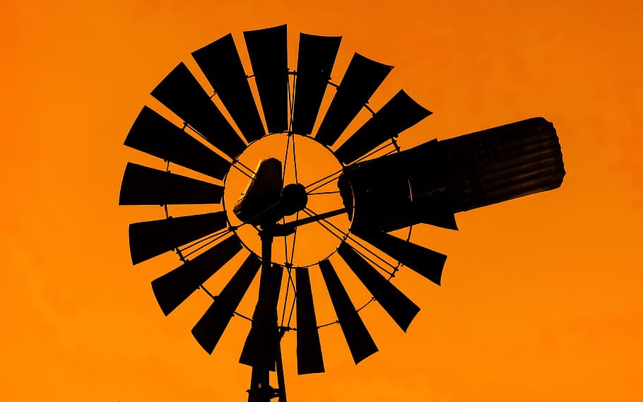 black backyard windmill, sunset, shadow, orange, orange color HD wallpaper