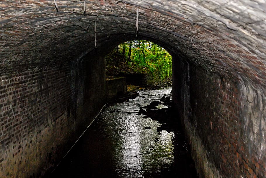 brown concrete tunnel canal at daytime, bach, underpass, leave HD wallpaper