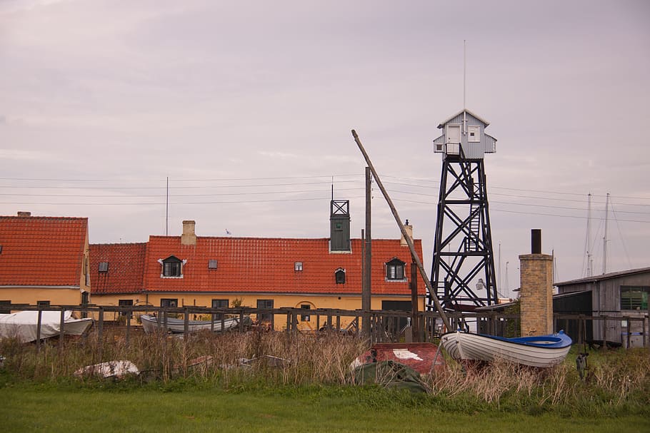 facilities, harbour, watch, tower, houses, red, roofs, cloud HD wallpaper