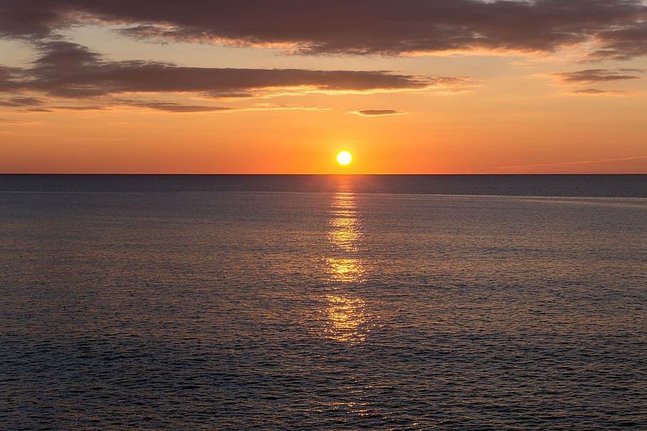 calm sea under sunset, ocean, horizon, shore, clouds, sky, colorful HD wallpaper