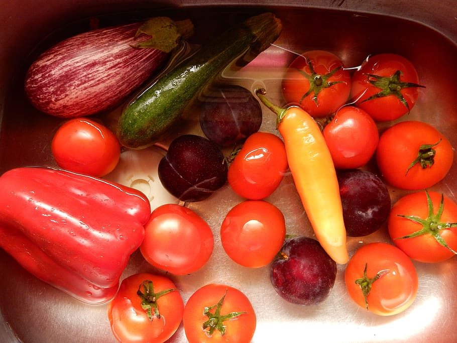 tomatoes, aubergine, capsicum, red, pepper, vegetarian, food, HD wallpaper