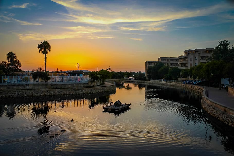 River, Bay, Sunset, Mallorca, Holidays, reflection, architecture HD wallpaper