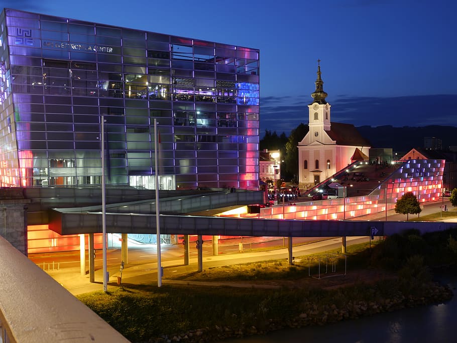 white cathedral near curtain glass building, linz, night, architecture HD wallpaper