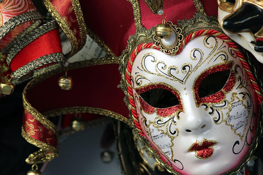 close-up photo of white and red masquerade mask, venice, italy, HD wallpaper