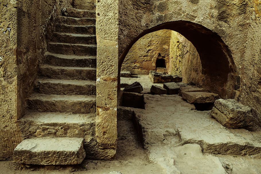 brown concrete stairway, cyprus, paphos, tombs of the kings, archaeology