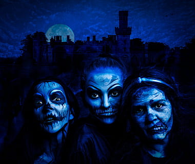 three women with painted faces digital wallpaper, witch, blue HD wallpaper