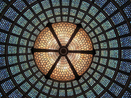 brown and blue mosaic glass dome light, ceiling, pattern, architecture HD wallpaper