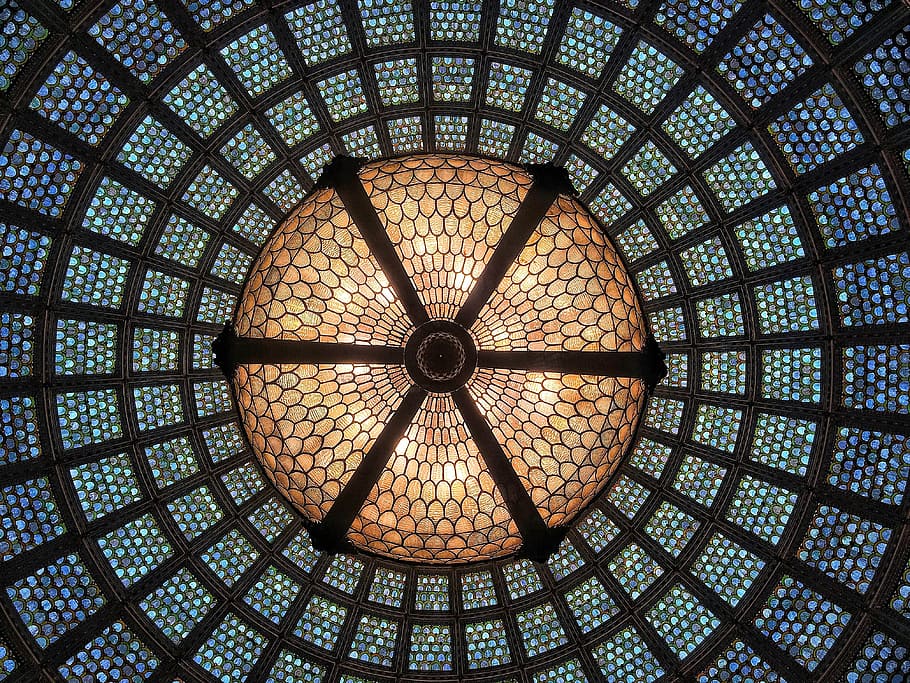 brown and blue mosaic glass dome light, ceiling, pattern, architecture HD wallpaper