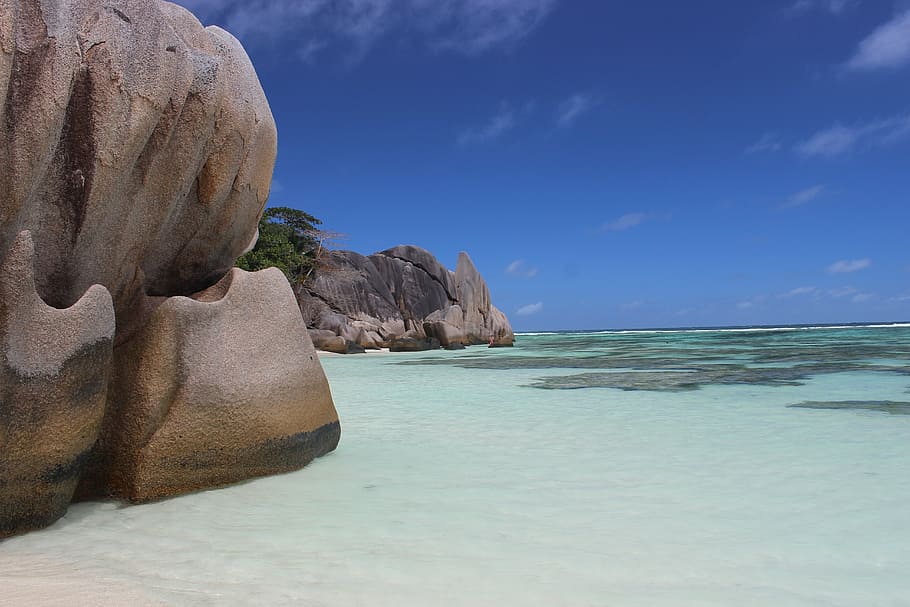 stones on beach, seychelles, tropical island, paradise, deserted beach