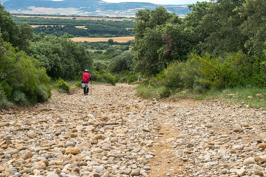 man wearing red backpack hiking walking on road with rocks HD wallpaper