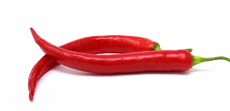 two red chilies on white surface, pepperoni, edible, sharp HD wallpaper
