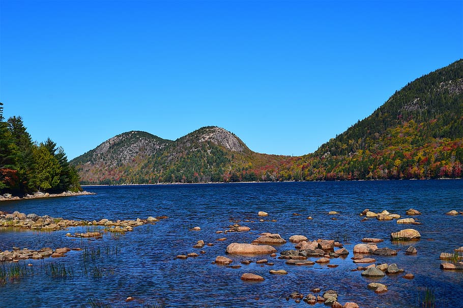 lake, shore, rocks, trees, mountains, water, nature, landscape HD wallpaper