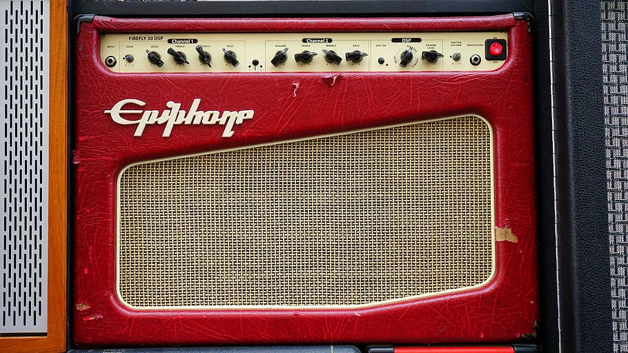 red Epiphone guitar amplifier, music, sound, equipment, audio