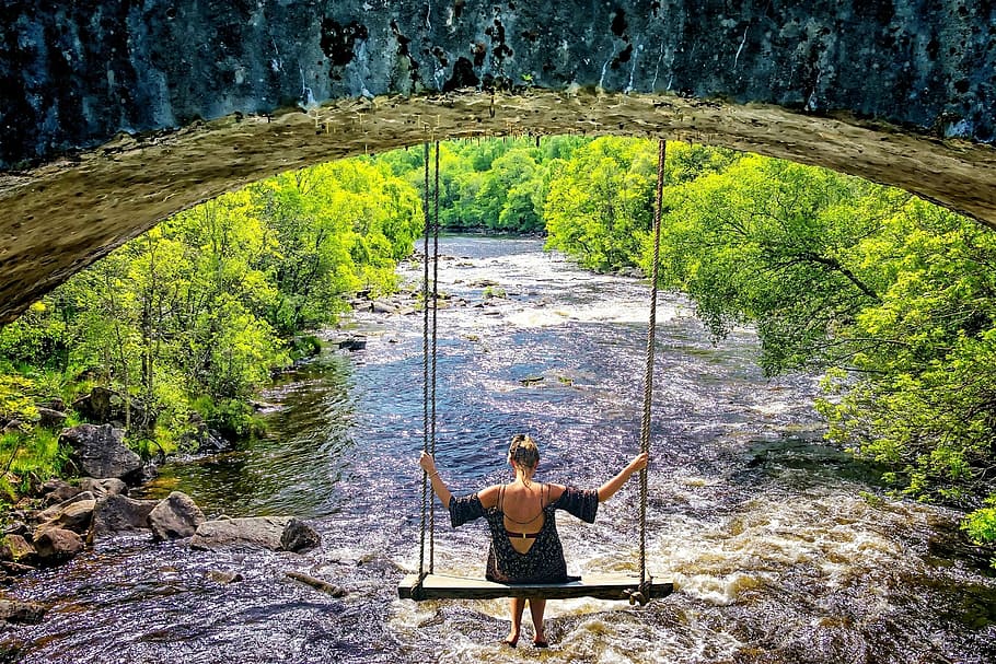woman swinging on tree, bridge, rock, river, bach, girl, stone bridge HD wallpaper