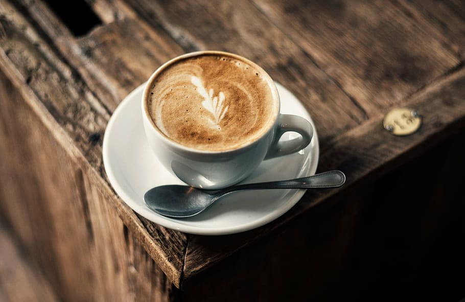 white ceramic cup and saucer on brown wooden table, coffee HD wallpaper