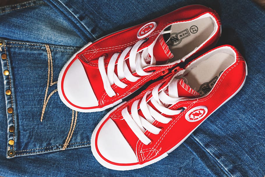 Denim and red shoes, various, clothes, clothing, footwear, jeans, HD wallpaper