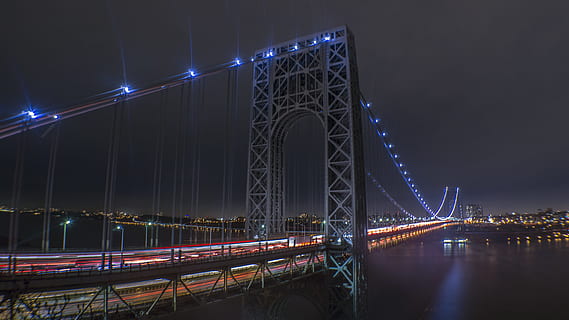 lighted suspension bridge wallpaper, gray bridge during nighttime HD wallpaper